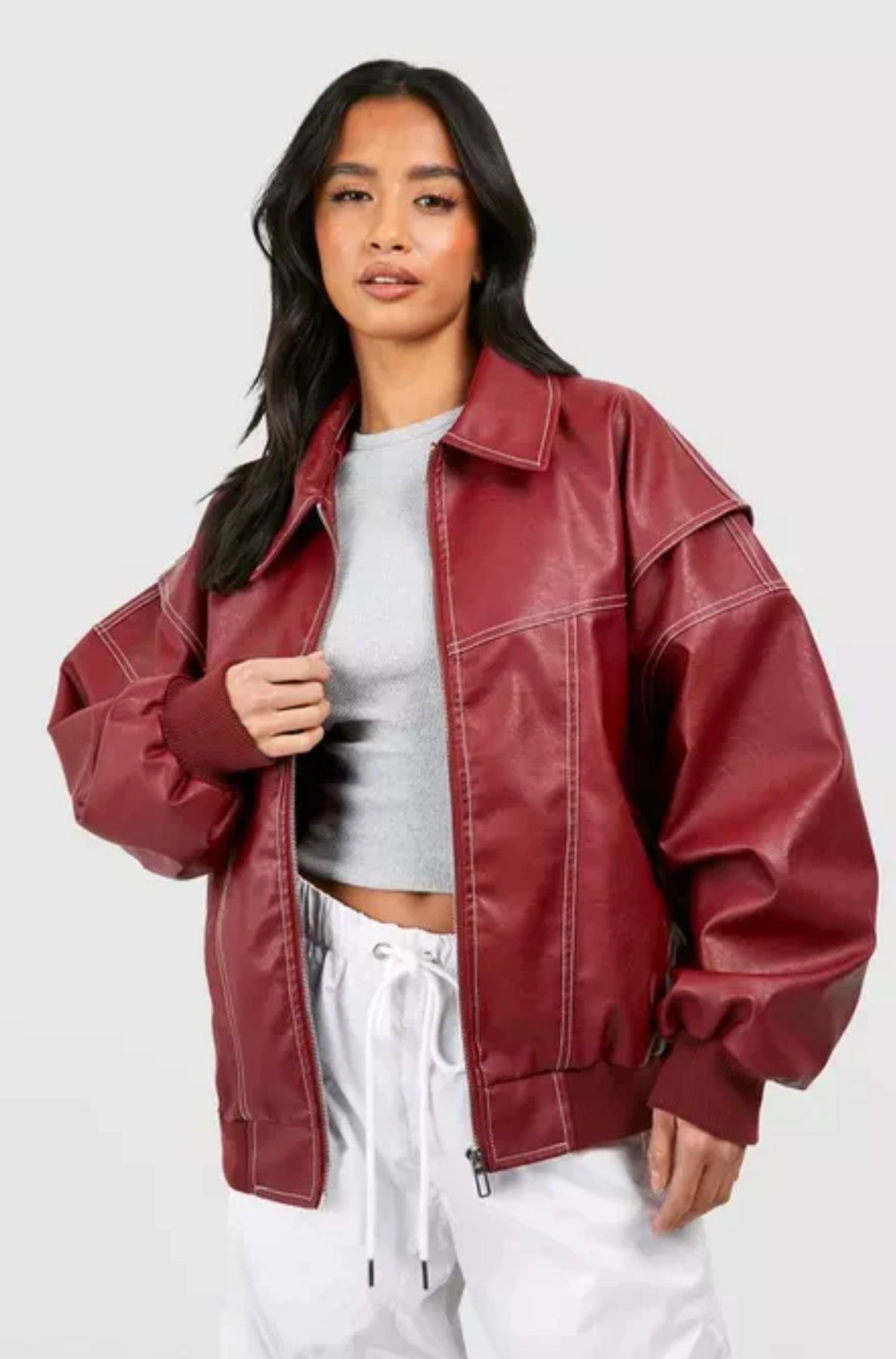 MARIA CONTRAST STITCH LEATHER JACKET - CHERRY RED